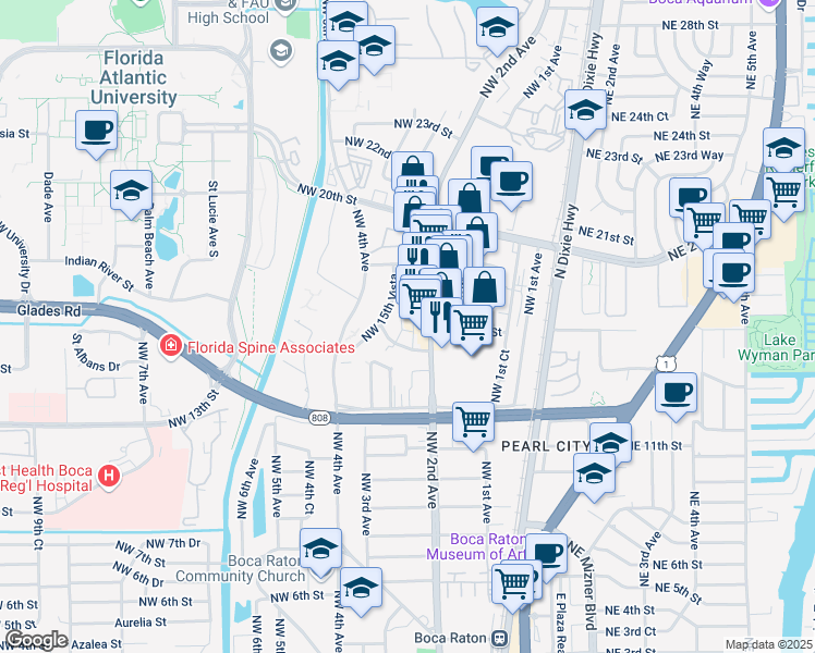 map of restaurants, bars, coffee shops, grocery stores, and more near 241 Northwest 15th Street in Boca Raton