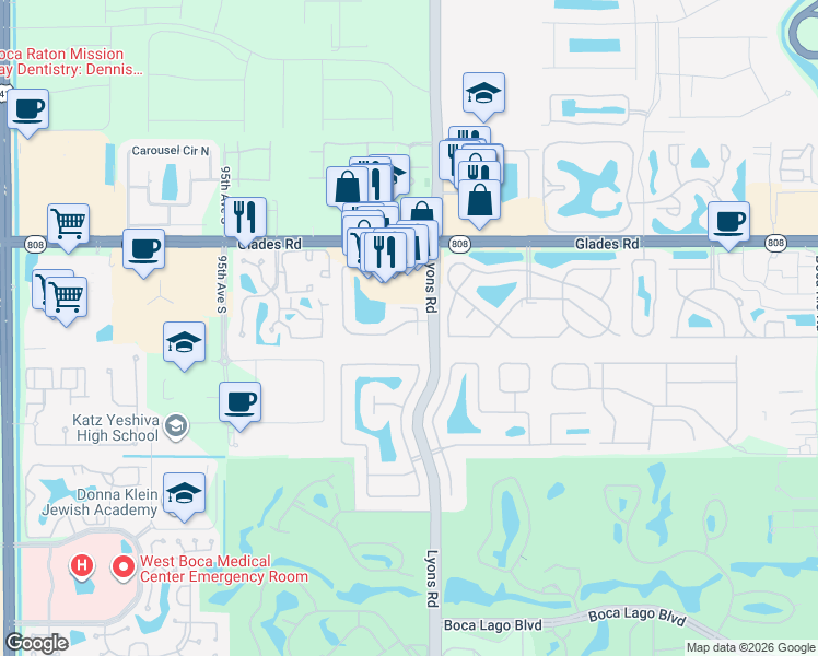 map of restaurants, bars, coffee shops, grocery stores, and more near 20930 Springs Terrace in Boca Raton