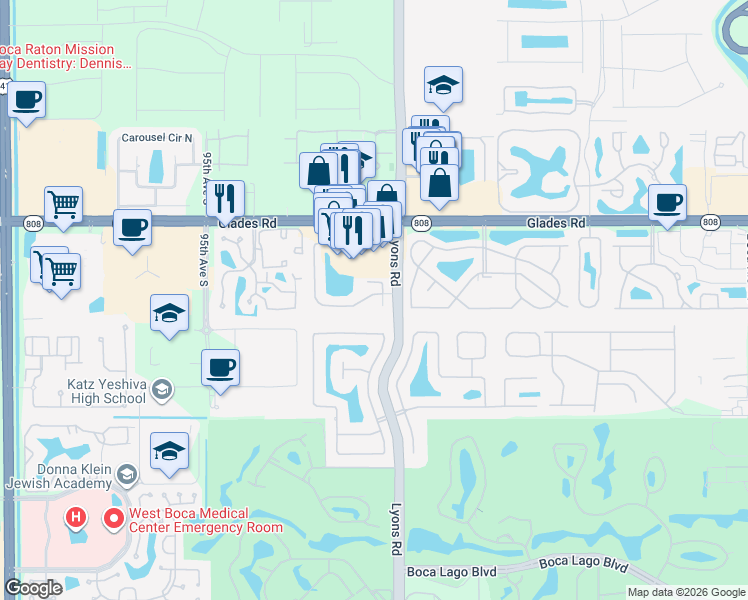 map of restaurants, bars, coffee shops, grocery stores, and more near 20930 Springs Terrace in Boca Raton