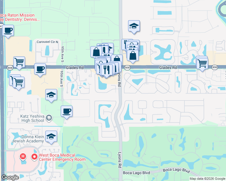 map of restaurants, bars, coffee shops, grocery stores, and more near 20930 Springs Terrace in Boca Raton