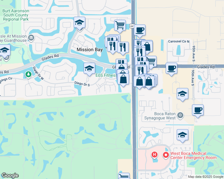 map of restaurants, bars, coffee shops, grocery stores, and more near 20931 Vía Oleander in Boca Raton