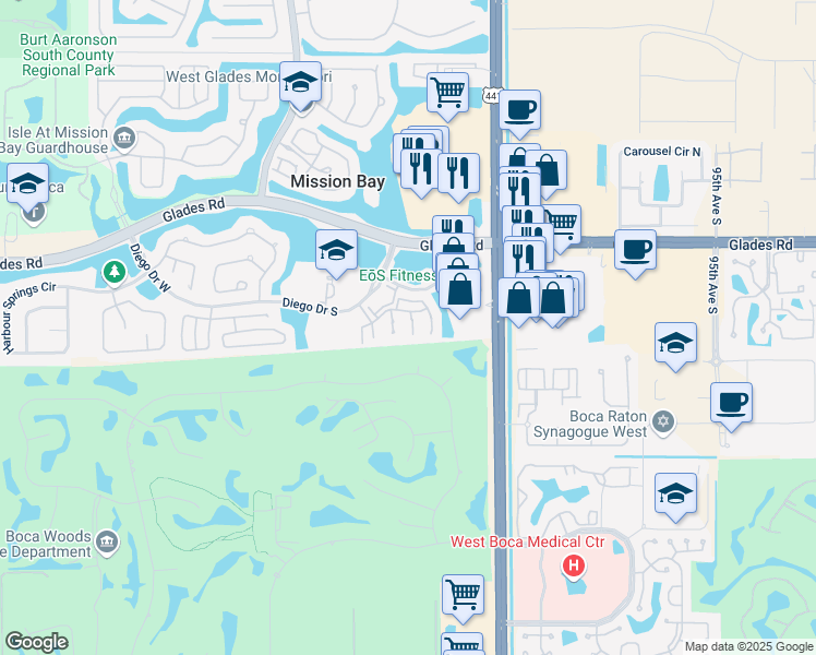 map of restaurants, bars, coffee shops, grocery stores, and more near 20931 Vía Oleander in Boca Raton