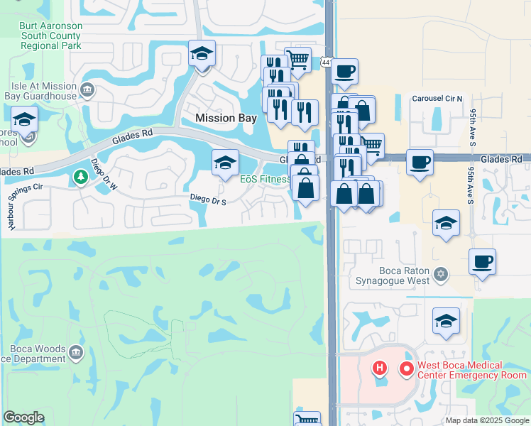 map of restaurants, bars, coffee shops, grocery stores, and more near 10266 Courtside Lane in Boca Raton