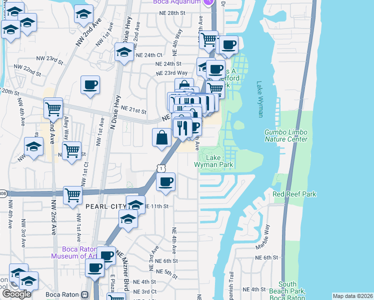 map of restaurants, bars, coffee shops, grocery stores, and more near 445 Northeast 15th Terrace in Boca Raton
