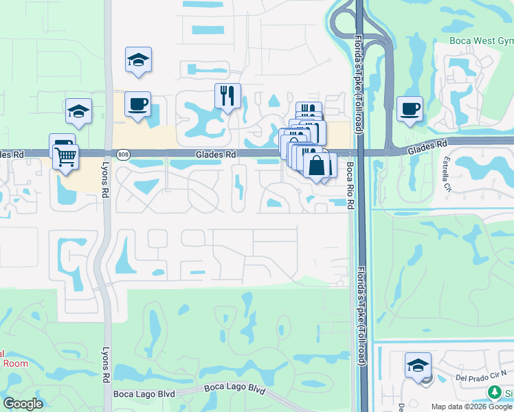 map of restaurants, bars, coffee shops, grocery stores, and more near 20930 Concord Green Drive West in Boca Raton
