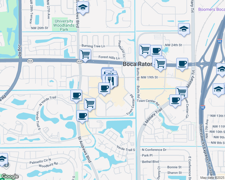 map of restaurants, bars, coffee shops, grocery stores, and more near 6000 Glades Road in Boca Raton