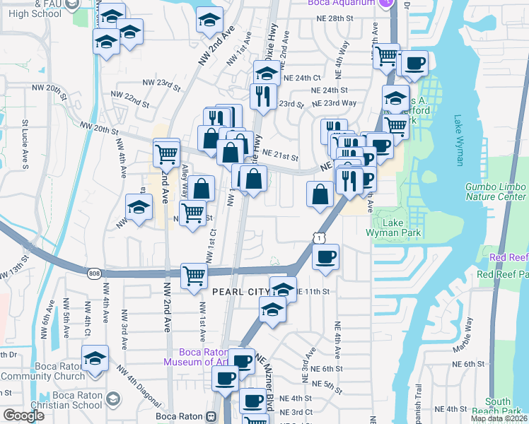 map of restaurants, bars, coffee shops, grocery stores, and more near 227 Tierra Del Sol in Boca Raton