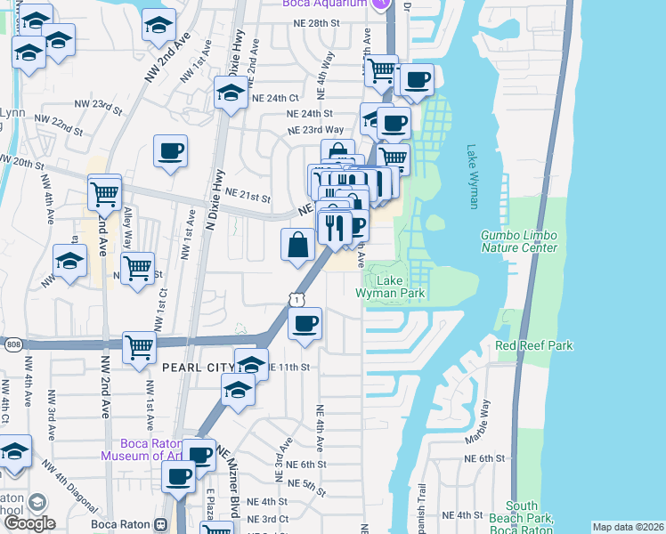 map of restaurants, bars, coffee shops, grocery stores, and more near 1658 North Federal Highway in Boca Raton