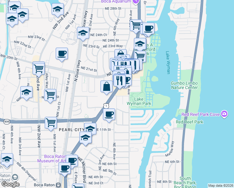 map of restaurants, bars, coffee shops, grocery stores, and more near 1658 North Federal Highway in Boca Raton
