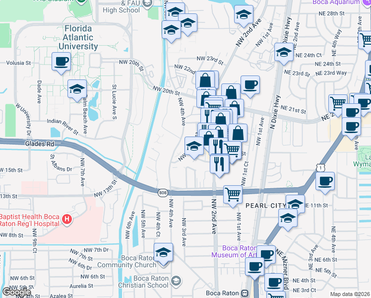 map of restaurants, bars, coffee shops, grocery stores, and more near 1800 Northwest 4th Avenue in Boca Raton