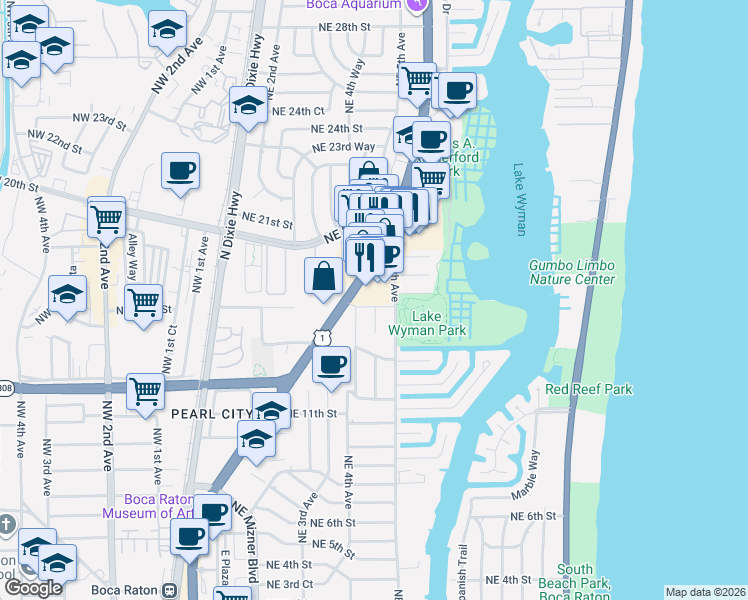 map of restaurants, bars, coffee shops, grocery stores, and more near 1658 North Federal Highway in Boca Raton
