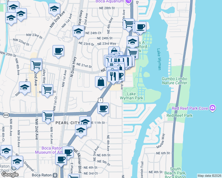 map of restaurants, bars, coffee shops, grocery stores, and more near 1658 North Federal Highway in Boca Raton