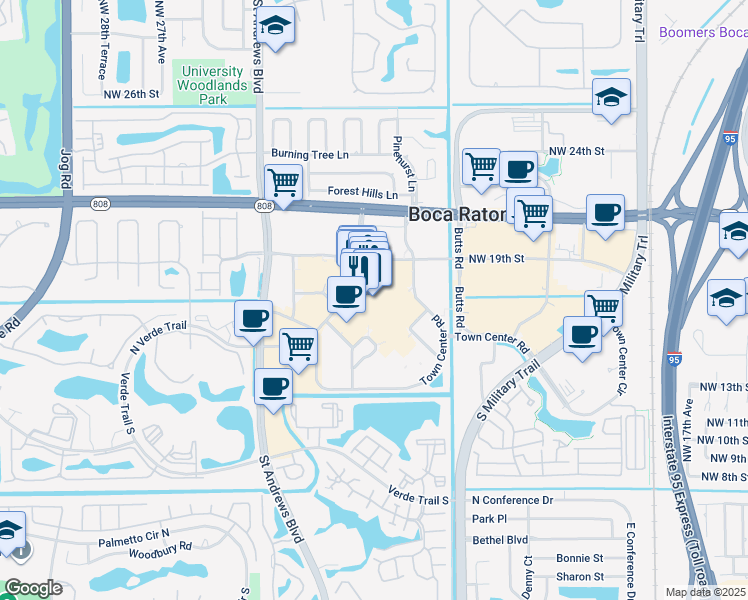 map of restaurants, bars, coffee shops, grocery stores, and more near 6000 Glades Road in Boca Raton