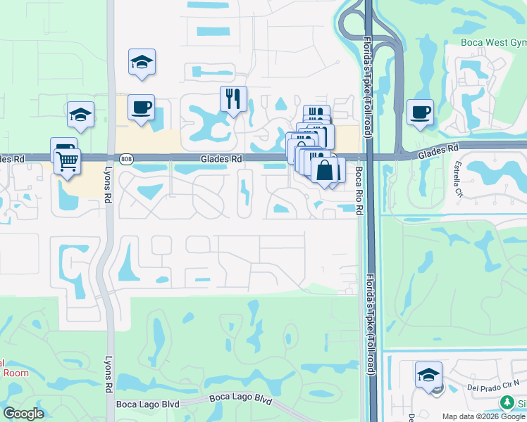 map of restaurants, bars, coffee shops, grocery stores, and more near 20930 Concord Green Drive West in Boca Raton