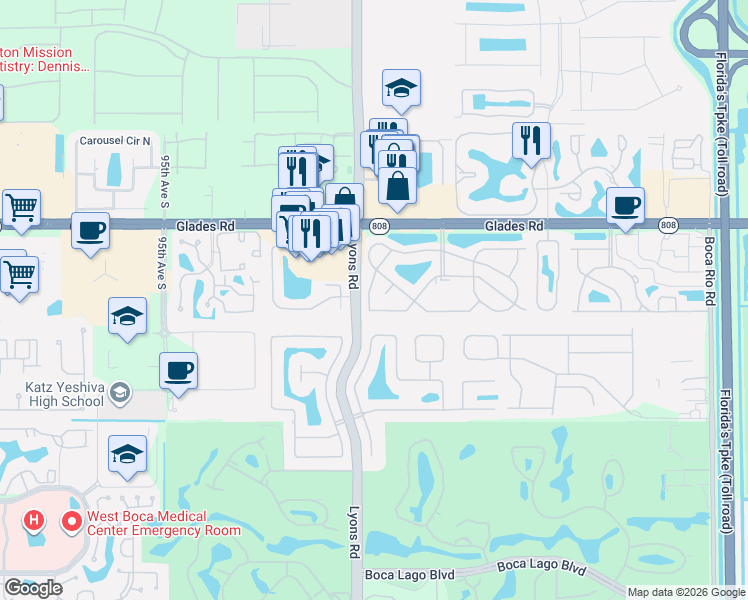 map of restaurants, bars, coffee shops, grocery stores, and more near 20913 Sedgewick Drive in Boca Raton