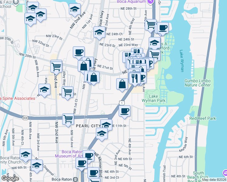 map of restaurants, bars, coffee shops, grocery stores, and more near 299 Northeast 15th Terrace in Boca Raton