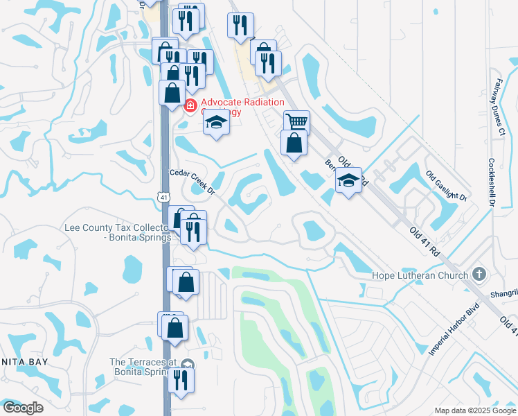 map of restaurants, bars, coffee shops, grocery stores, and more near 25520 Inlet Way Court in Bonita Springs