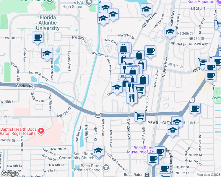 map of restaurants, bars, coffee shops, grocery stores, and more near 1800 Northwest 4th Avenue in Boca Raton