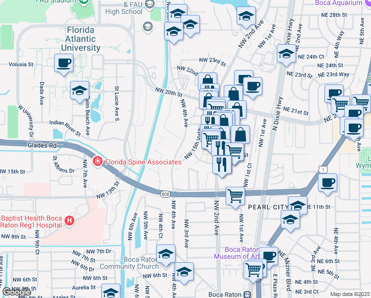 map of restaurants, bars, coffee shops, grocery stores, and more near 1800 Northwest 4th Avenue in Boca Raton