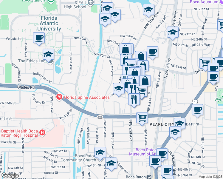 map of restaurants, bars, coffee shops, grocery stores, and more near 1800 Northwest 4th Avenue in Boca Raton