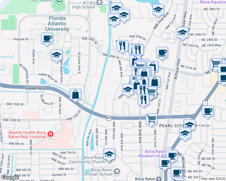 map of restaurants, bars, coffee shops, grocery stores, and more near 1675 Northwest 4th Avenue in Boca Raton