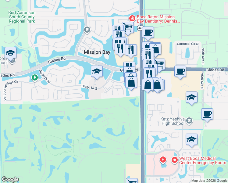map of restaurants, bars, coffee shops, grocery stores, and more near 10266 Courtside Lane in Boca Raton