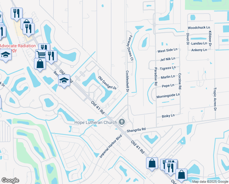 map of restaurants, bars, coffee shops, grocery stores, and more near 25651 Old Gaslight Drive in Bonita Springs