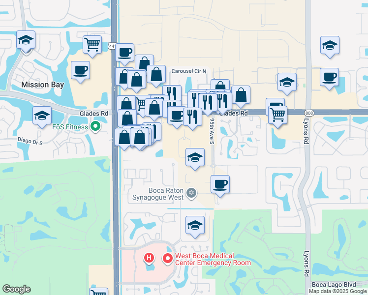 map of restaurants, bars, coffee shops, grocery stores, and more near 20940 Uptown Avenue in Boca Raton