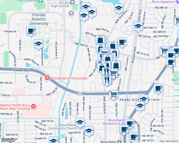 map of restaurants, bars, coffee shops, grocery stores, and more near 1720 Northwest 4th Avenue in Boca Raton