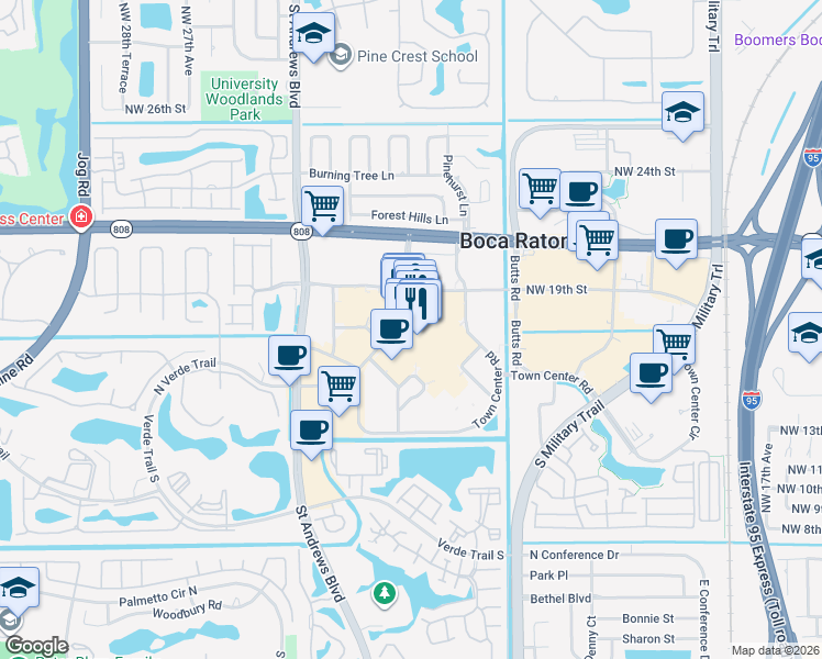 map of restaurants, bars, coffee shops, grocery stores, and more near 6000 Glades Road in Boca Raton