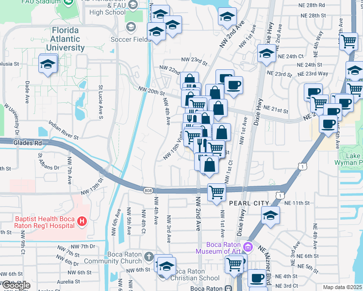 map of restaurants, bars, coffee shops, grocery stores, and more near 253 Northwest 15th Street in Boca Raton