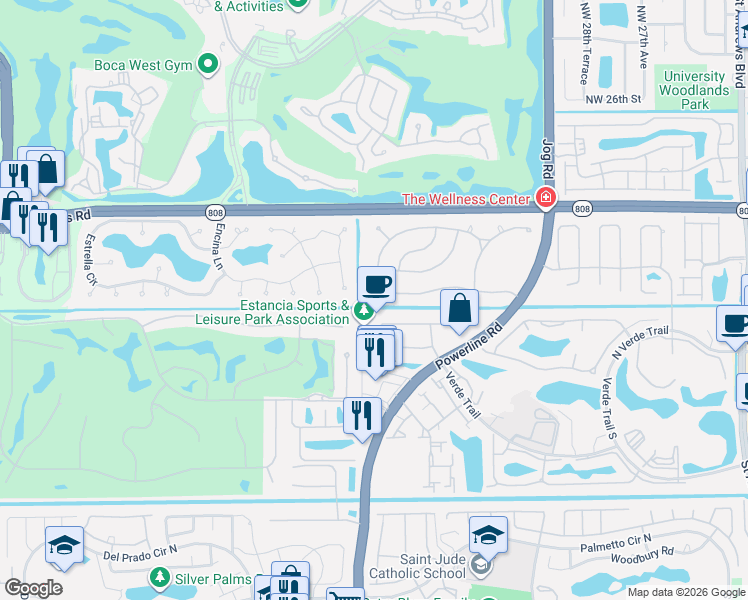 map of restaurants, bars, coffee shops, grocery stores, and more near 20982 Pinar Trail in Boca Raton