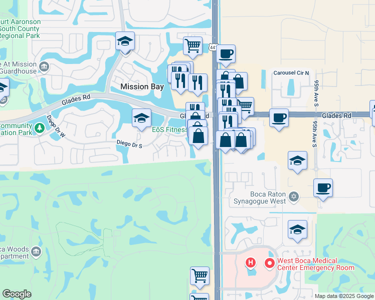 map of restaurants, bars, coffee shops, grocery stores, and more near 20931 Vía Oleander in Boca Raton