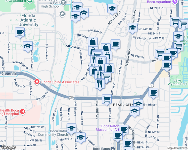 map of restaurants, bars, coffee shops, grocery stores, and more near 253 Northwest 15th Street in Boca Raton