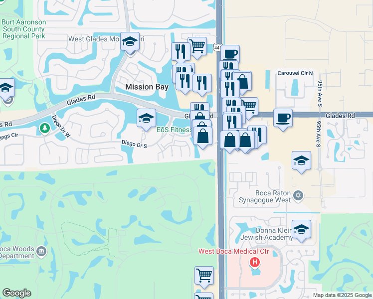 map of restaurants, bars, coffee shops, grocery stores, and more near 20931 Vía Oleander in Boca Raton