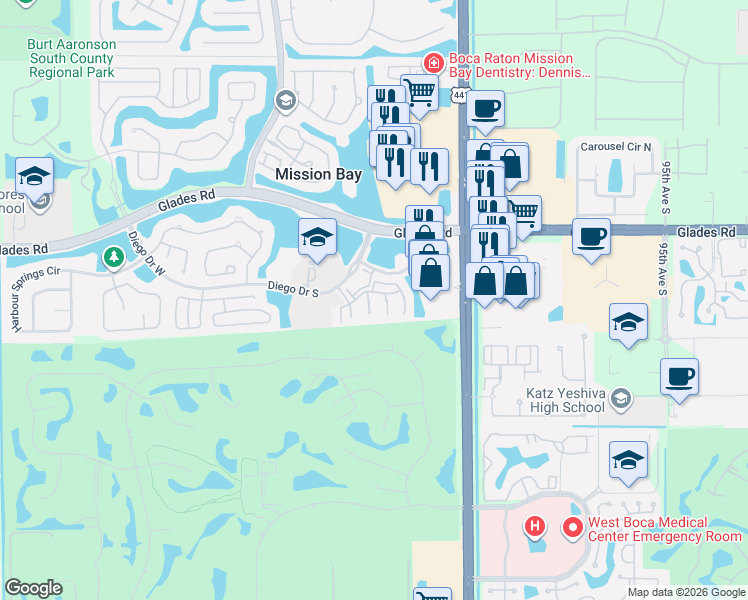 map of restaurants, bars, coffee shops, grocery stores, and more near 10266 Courtside Lane in Boca Raton