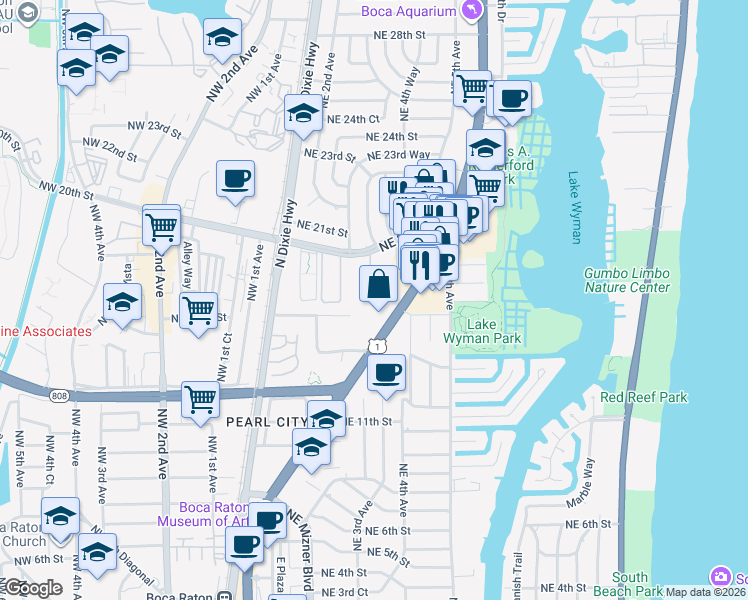 map of restaurants, bars, coffee shops, grocery stores, and more near 400 Northeast 20th Street in Boca Raton