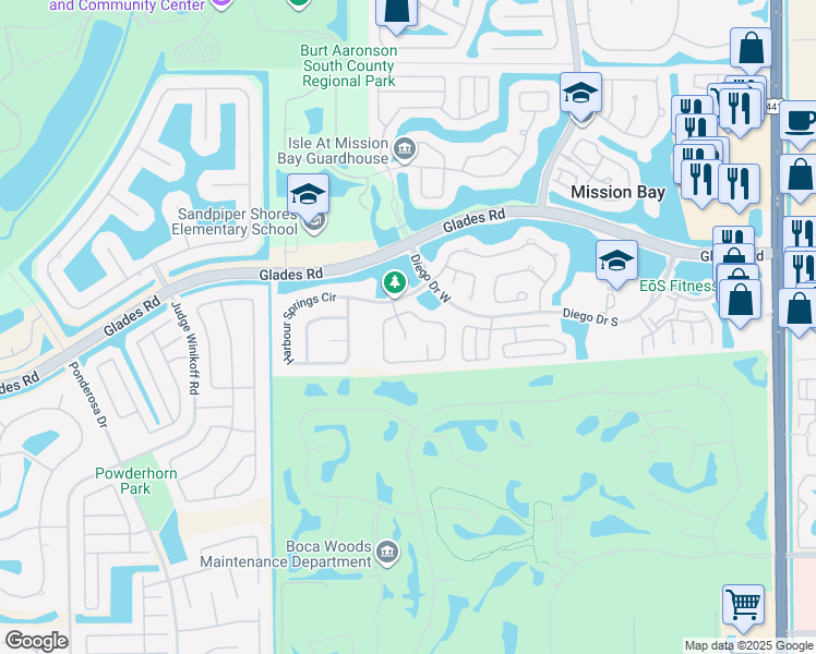 map of restaurants, bars, coffee shops, grocery stores, and more near 11011 La Salinas Circle in Boca Raton