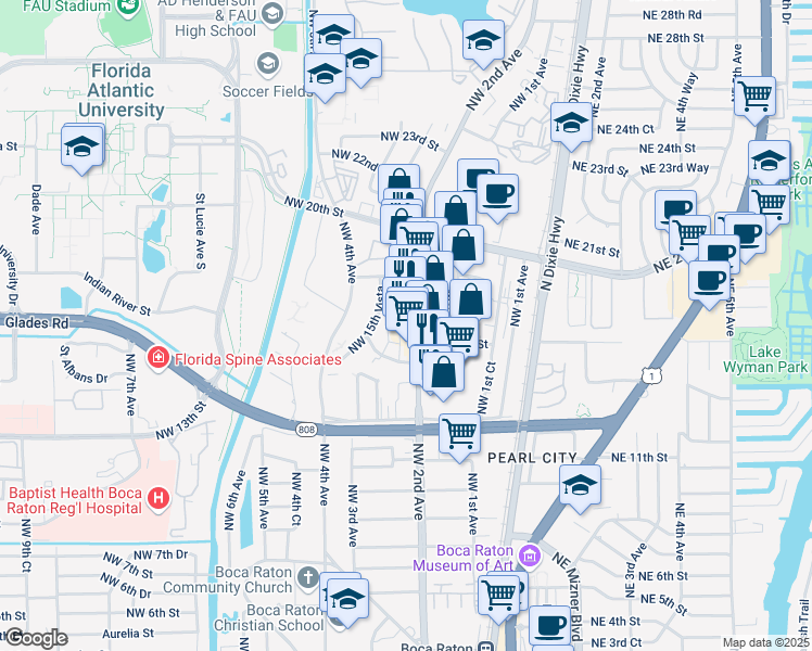 map of restaurants, bars, coffee shops, grocery stores, and more near 171 Northwest 16th Street in Boca Raton