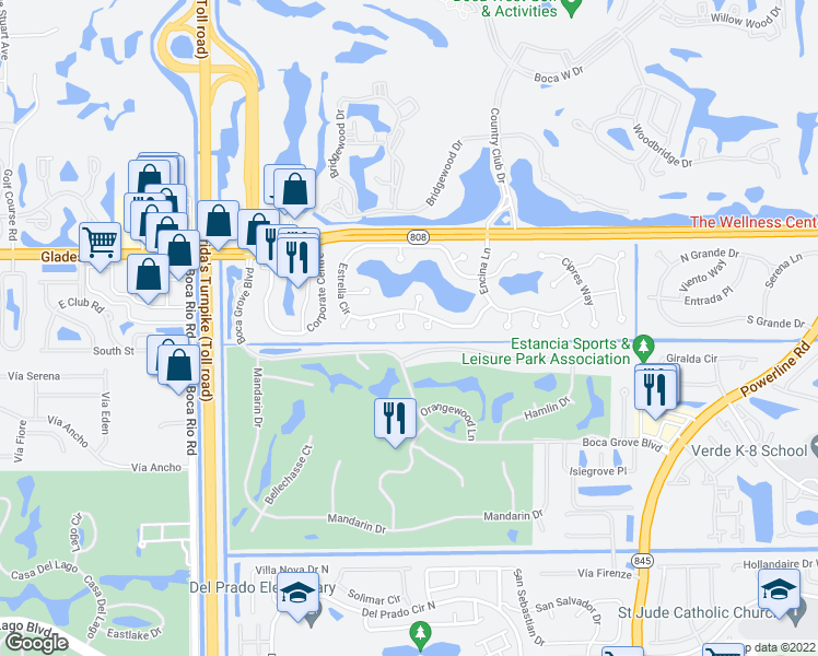 map of restaurants, bars, coffee shops, grocery stores, and more near 20960 Delagado Terrace in Boca Raton