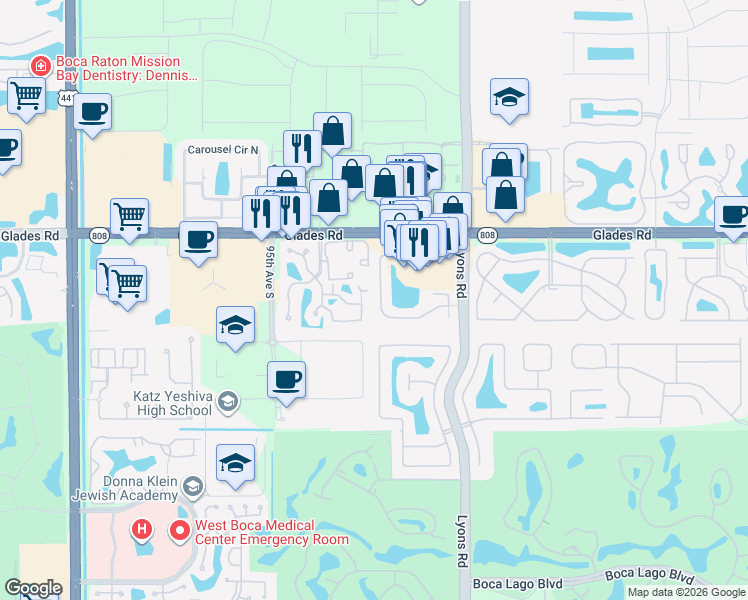 map of restaurants, bars, coffee shops, grocery stores, and more near 9132 Pine Springs Drive in Boca Raton