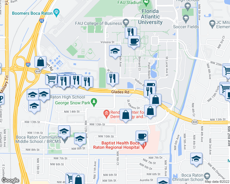 map of restaurants, bars, coffee shops, grocery stores, and more near Glades Rd & NW 10th Ave in Boca Raton