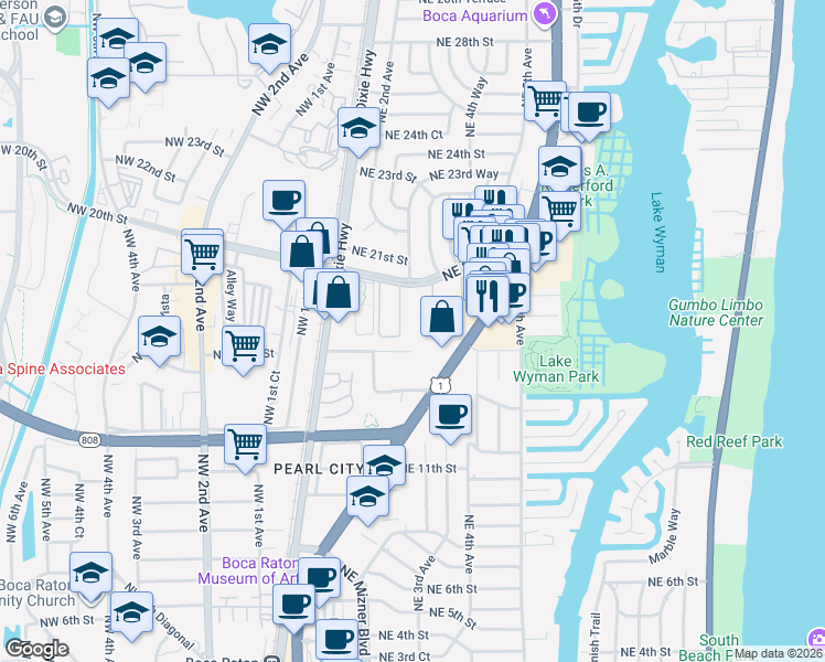 map of restaurants, bars, coffee shops, grocery stores, and more near 299 Northeast 15th Terrace in Boca Raton
