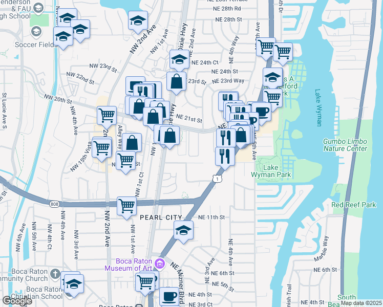 map of restaurants, bars, coffee shops, grocery stores, and more near 227 Tierra Del Sol in Boca Raton