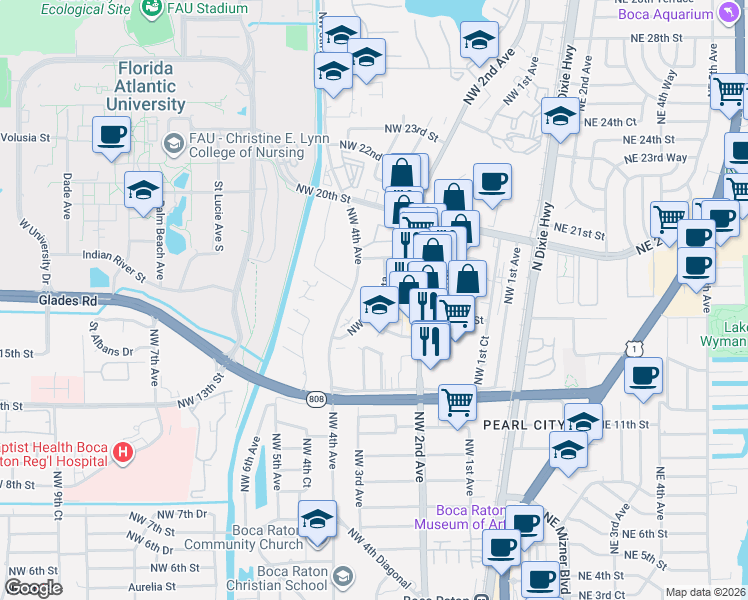 map of restaurants, bars, coffee shops, grocery stores, and more near 1800 Northwest 4th Avenue in Boca Raton