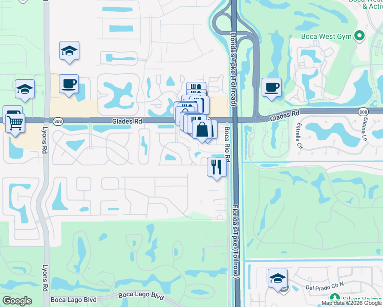 map of restaurants, bars, coffee shops, grocery stores, and more near 8274 East Club Road in Boca Raton