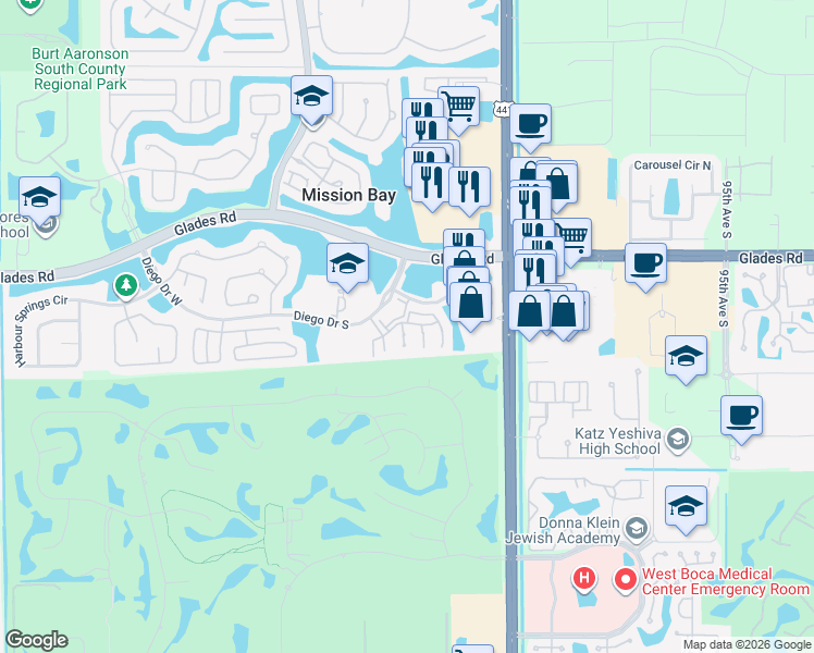 map of restaurants, bars, coffee shops, grocery stores, and more near 10266 Courtside Lane in Boca Raton