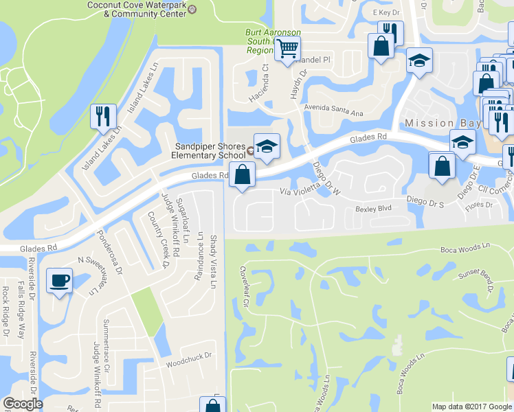 map of restaurants, bars, coffee shops, grocery stores, and more near 11048 Baybreeze Way in Boca Raton