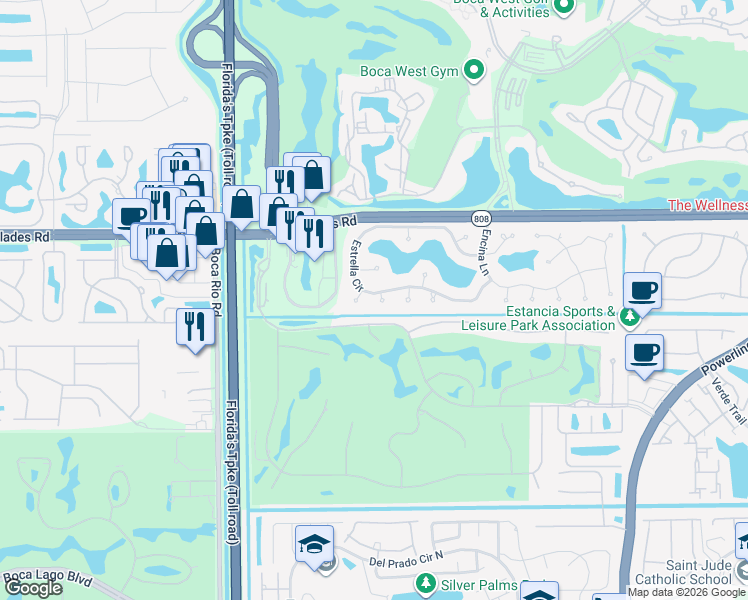 map of restaurants, bars, coffee shops, grocery stores, and more near 20955 Blanca Terrace in Boca Raton