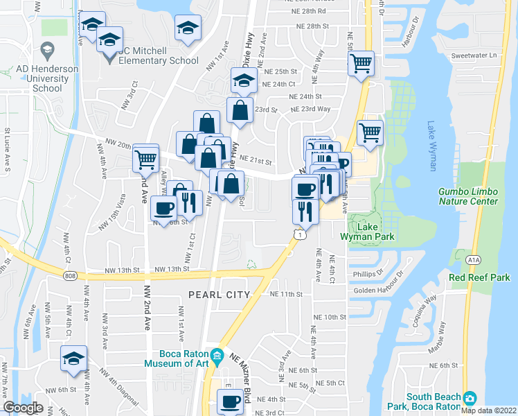 map of restaurants, bars, coffee shops, grocery stores, and more near 227 Tierra Del Sol in Boca Raton